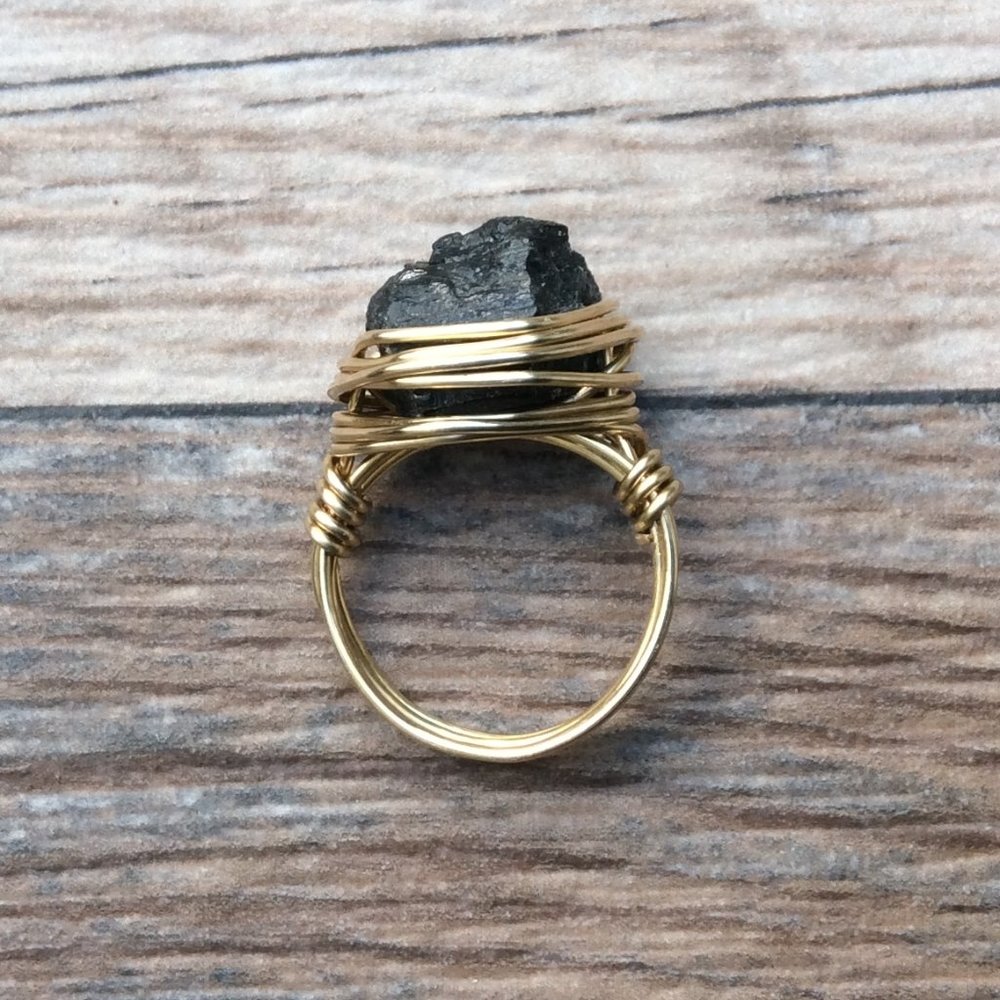 Raw Black Tourmaline ring, 14k gold filled, Black gemstone ring